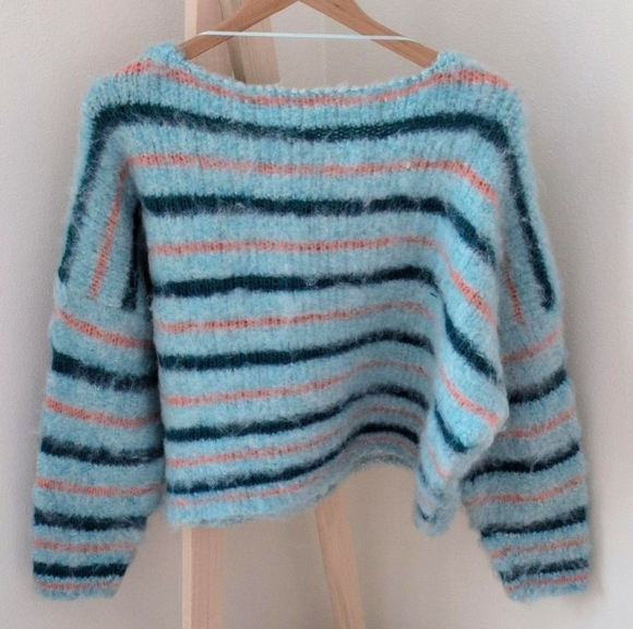 NWT Free People Lily Pullover Striped & Floral Oversized Sweater In Sky Blue - Picture 11 of 11